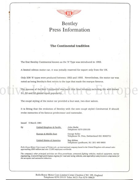 1991 BENTLEY CONTINENTAL R PRESSEMAPPE ENGLISCH