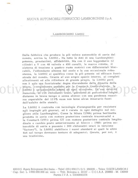 1985 LAMBORGHINI LM002 PERSMAP ITALIAANS