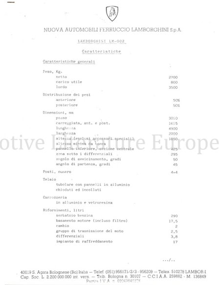 1985 LAMBORGHINI LM002 PERSMAP ITALIAANS