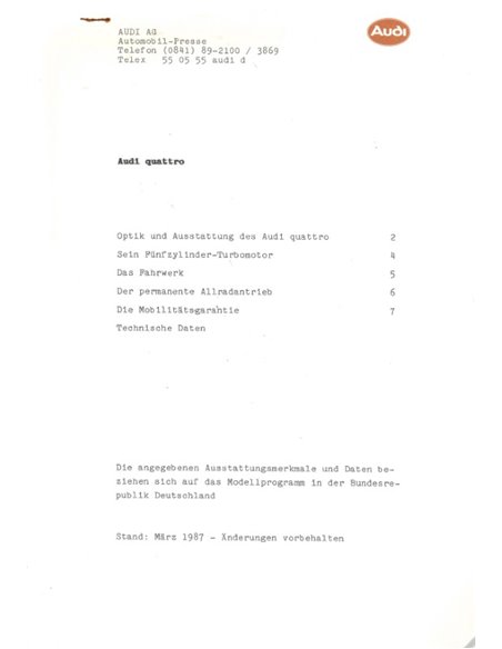 1987 AUDI QUATTRO PERSMAP DUITS