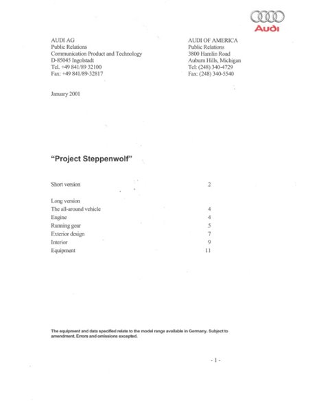 2001 AUDI PROJECT STEPPENWOLF PRESSEMAPPE DEUTSCH