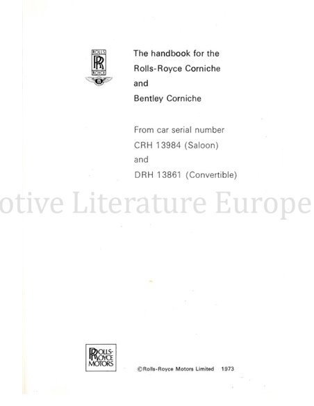 1973 ROLLS ROYCE | BENTLEY CORNICHE OWNERS MANUAL ENGLISH
