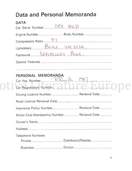 1971 ROLLS ROYCE | BENTLEY CORNICHE BETRIEBSANLEITUNG ENGLISCH