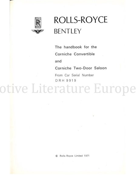 1971 ROLLS ROYCE | BENTLEY CORNICHE BETRIEBSANLEITUNG ENGLISCH