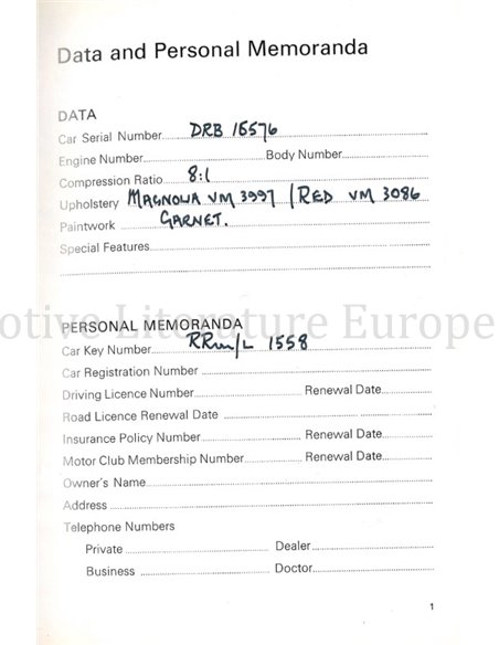 1973 ROLLS ROYCE CORNICHE BETRIEBSANLEITUNG ENGLISCH