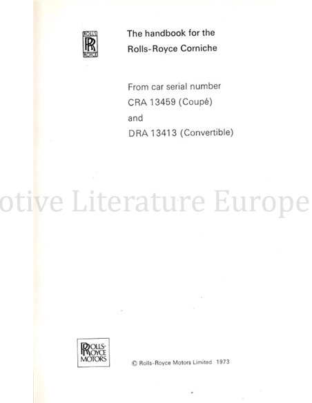 1973 ROLLS ROYCE CORNICHE BETRIEBSANLEITUNG ENGLISCH