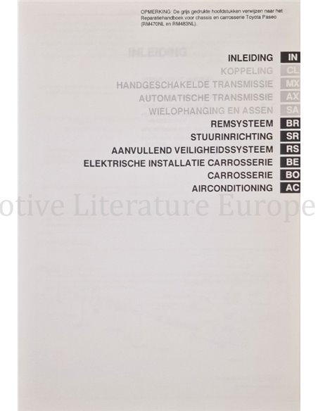 1996 TOYOTA PASEO FAHRWERK & KAROSSERIE WERKSTATTHANDBUCH (ZUSATZ) NIEDERLÄNDISCH