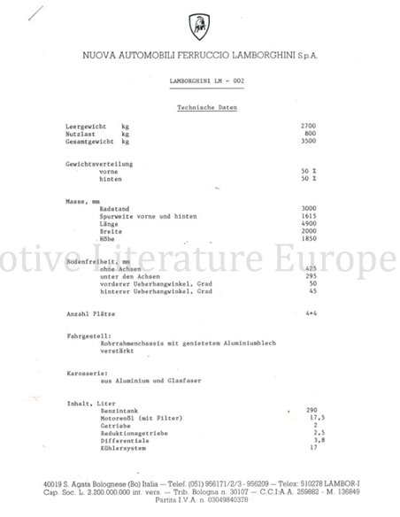 1986 LAMBORGHINI LM002 PRESSEMAPPE DEUTSCH