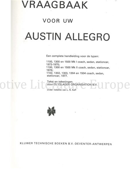 1973 - 1977 AUSTIN ALLEGRO,  REPARATURANLEITUNG NIEDERLÄNDISCH