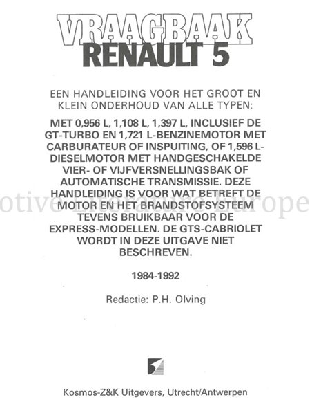 1984 - 1992 RENAULT 5 BENZIN | DIESEL REPARATURANLEITUNG NIEDERLÄNDISCH