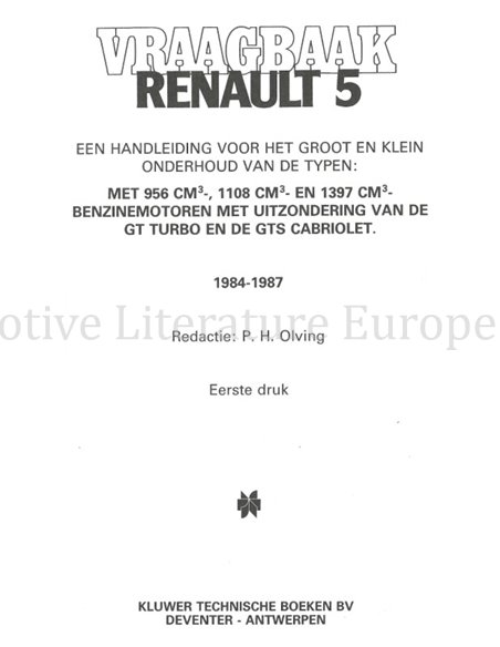 1984 - 1987 RENAULT 5 BENZIN REPARATURANLEITUNG NIEDERLÄNDISCH