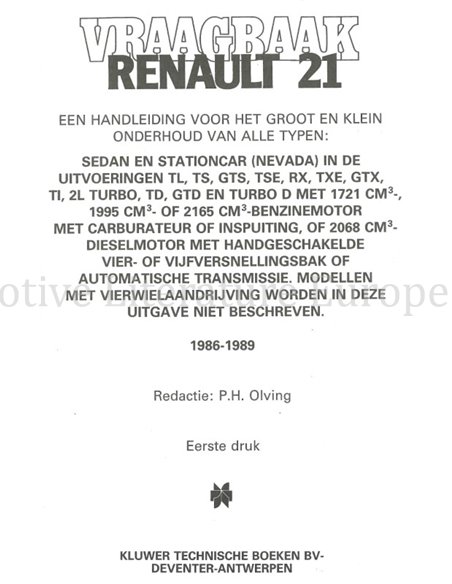 1986-1989 RENAULT 21 PETROL | DIESEL REPARATURANLEITUNG NIEDERLÄNDISCH