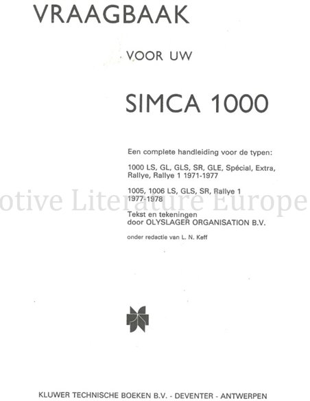 1971-1978 SIMCA 1000 REPERATURANLEITUNG NIEDERLÄNDISCH