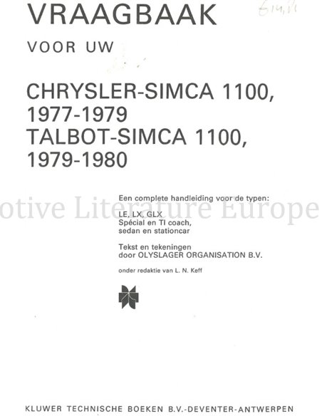 1977-1980 SIMCA (CHRYSLER | TALBOT) 1100 REPAIR MANUAL DUTCH