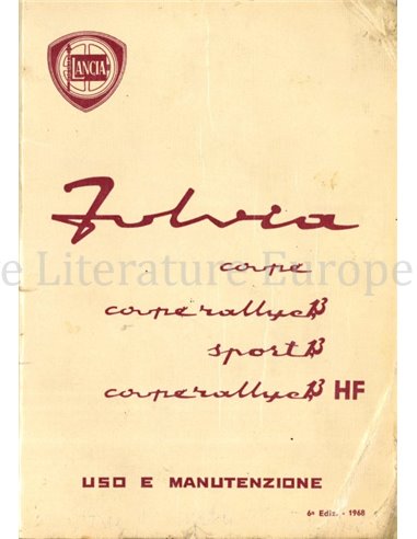 1968 LANCIA FULVIA COUPE (RALLYE) | SPORT (RALLYE) OWNERS MANUAL ITALIAN