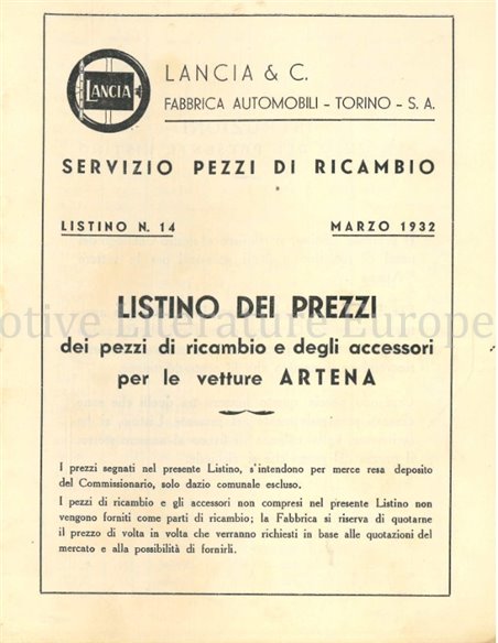 1932 LANCIA ARTENA OWNERS MANUAL & SPARE PARTS CATALOGUE ITALIAN