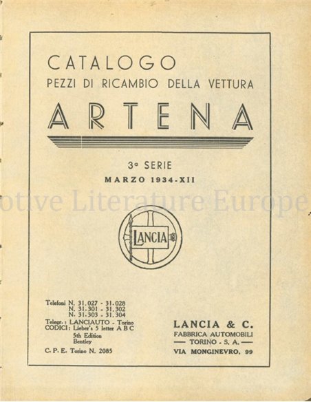 1934 LANCIA ARTENA OWNERS MANUAL & SPARE PARTS MANUAL ITALIAN