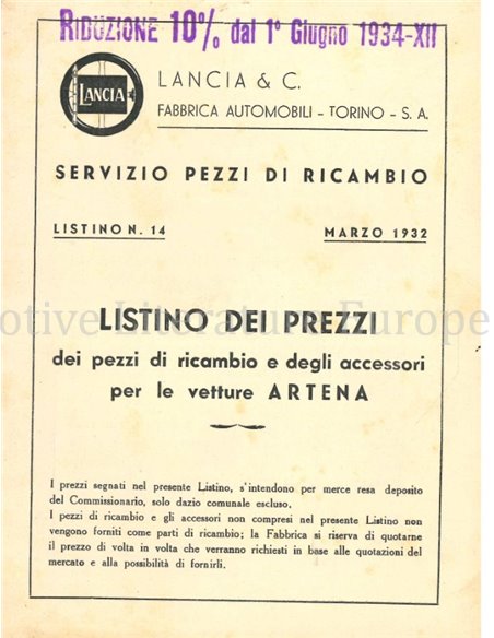 1934 LANCIA ARTENA INSTRUCTIEBOEKJE & ONDERDELENBOEK ITALIAANS
