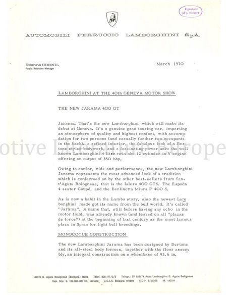 1970 LAMBORGHINI JARAMA 400 GT PRESSEMAPPE ENGLISCH