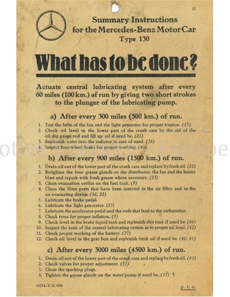 1935 MERCEDES BENZ TYP 130 OWNERS MANUAL ENGLISH