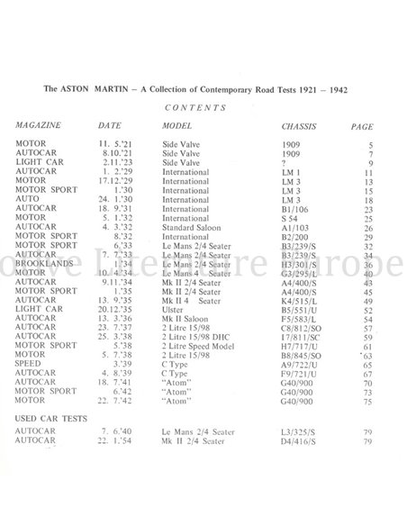 THE ASTON MARTIN, A COLLECTION OF CONTEMPORARY ROAD TESTS 1921 - 1942