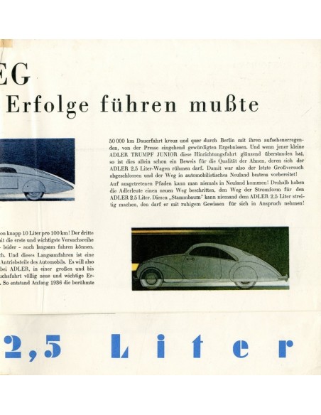 1939 ADLER 2.5 LITER BROCHURE DUITS