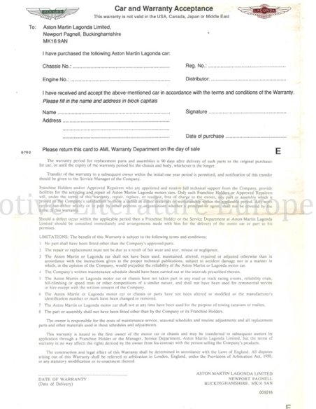 1987 ASTON MARTIN VANTAGE ZAGATO INSTRUCTIEBOEKJE ENGELS