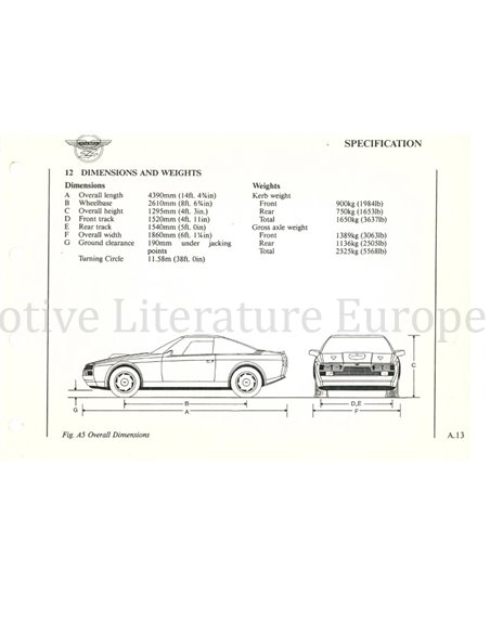 1987 ASTON MARTIN VANTAGE ZAGATO BETRIEBSANLEITUNG ENGLISCH