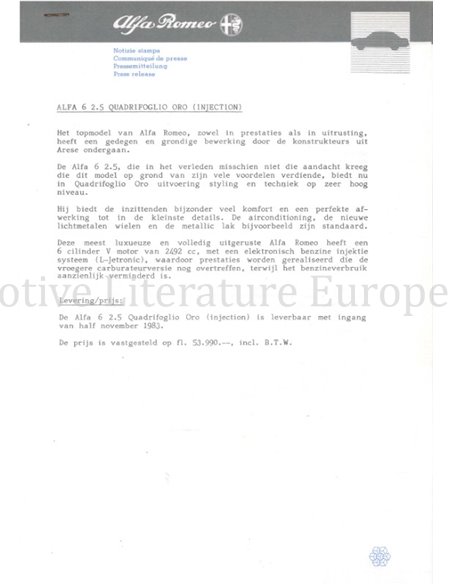 1983 ALFA ROMEO ALFA 6  PRESSKIT DUTCH