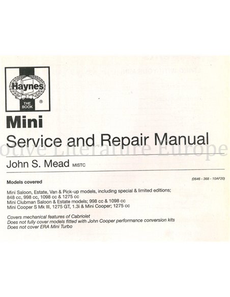 1969 - 2001 MINI REPAIR MANUAL ENGLISH