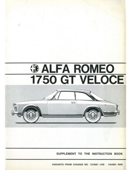 1970 ALFA ROMEO 1750 GT VELOCE BIJLAGE INSTRUCTIEBOEKJE ENGELS