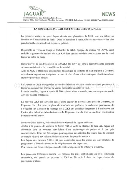 1996 JAGUAR XK8 PRESSKIT FRENCH