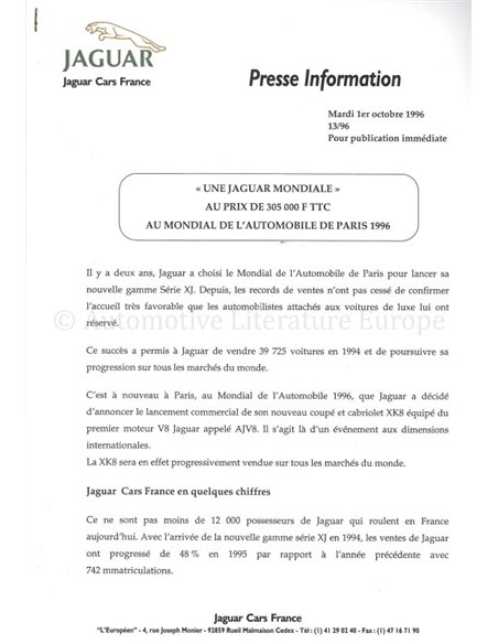 1996 JAGUAR XK8 PRESSKIT FRENCH