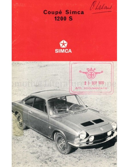 1970 SIMCA 1200 S COUPE OWNERS MANUAL FRENCH