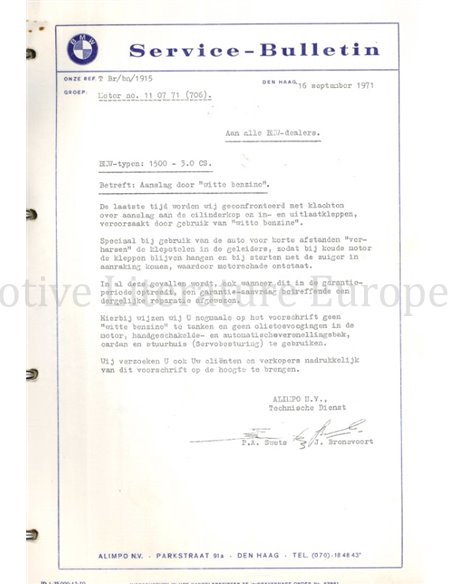 1970-1972 BMW 1500 | 1600 | 1800 | 1800 TI SERVICE INFORMATION DUTCH