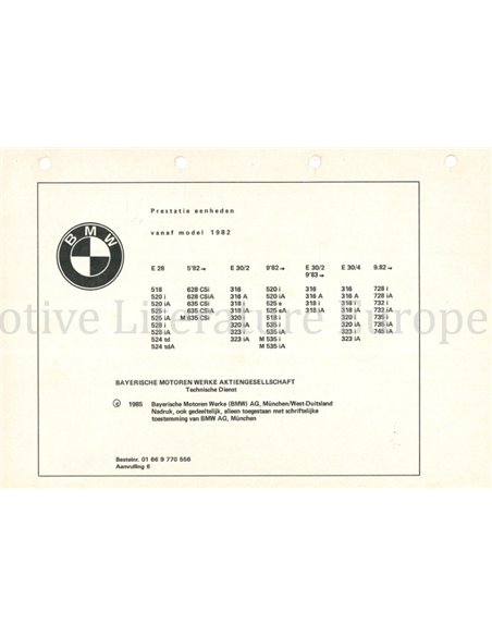 1982 BMW E30 | E28 | E24 | E23 TECHNISCHE INFORMATIONEN NIEDERLÄNDISCH