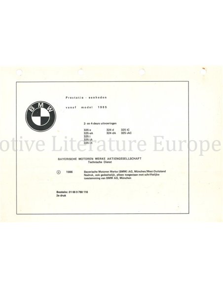 1985 BMW 3er REIHE (E30) TECHNISCHE INFORMATIONEN NIEDERLÄNDISCH