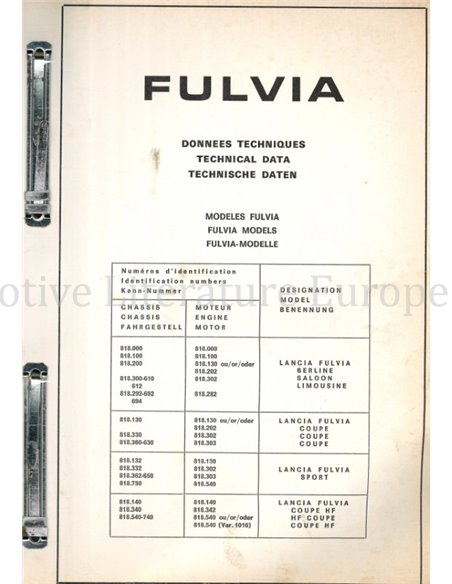 1972 LANCIA FULVIA TECHNICAL INFORMATION MULTI
