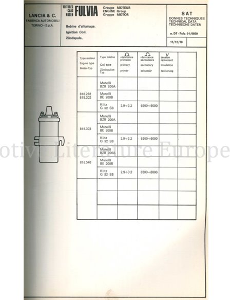1972 LANCIA FULVIA TECHNICAL INFORMATION MULTI