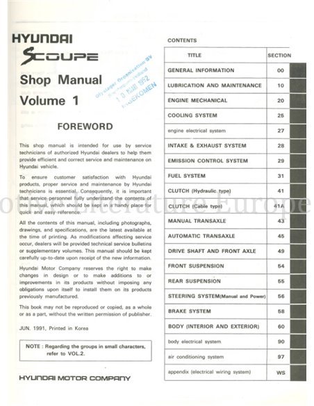 1992 HYUNDAI SCOUPE WORKSHOP MANUAL ENGLISH 