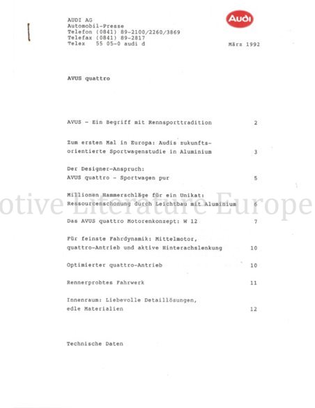 1992 AUDI AVUS QUATTRO PRESSEMAPPE DEUTSCH