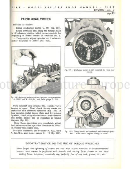1955 FIAT 600 SEDAN WERKSTATTHANDBUCH ENGLISCH