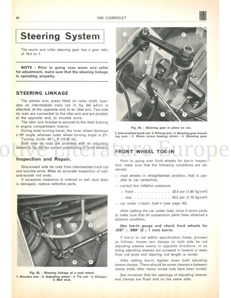 1963 FIAT 1500 CABRIOLET WERKSTATTHANDBUCH ENGLISCH