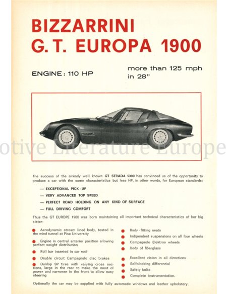 1965 BIZZARRINI GT EUROPA LEAFLET ENGELS