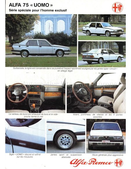 1987 ALFA ROMEO 75 UOMO DATENBLATT FRANZÖSISCH