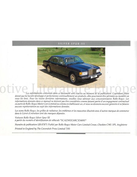 1993 ROLLS ROYCE SILVER SPUR III OWNERS MANUAL FRENCH