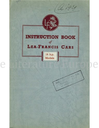1952 LEA-FRANCIS 14 H.P. FOUR-LIGHT SALOON INSTRUCTIEBOEKJE ENGELS
