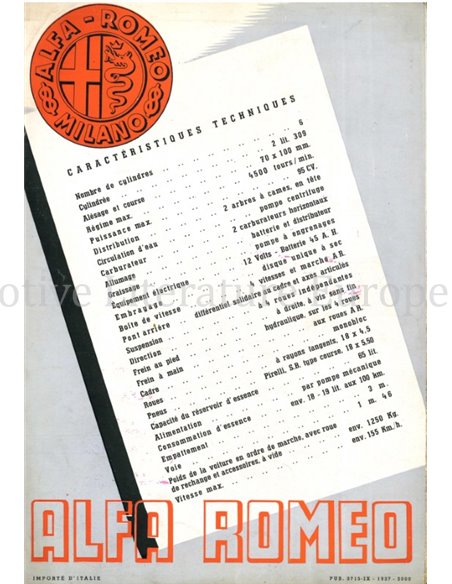 1937 ALFA ROMEO 6C 2300 B 1000 MIGLIA BROCHURE FRANS