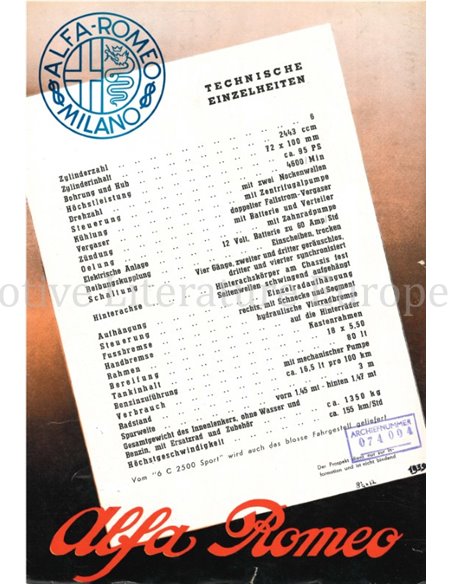 1939 ALFA ROMEO 6C 2500 SPORT BROCHURE DUITS
