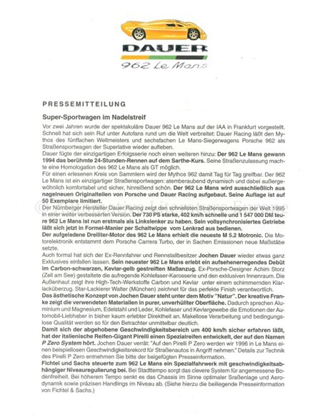 1993 DAUER 962 LEMANS BROCHURE DUITS